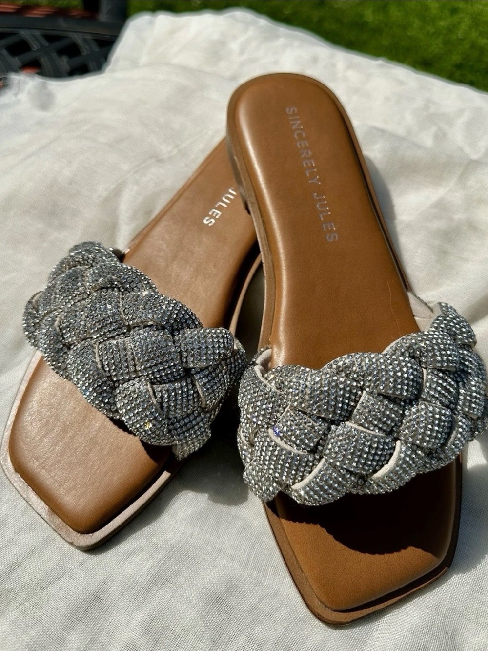 Sincerly Jules Silver Crystal Braided Slide Sandals 7.5